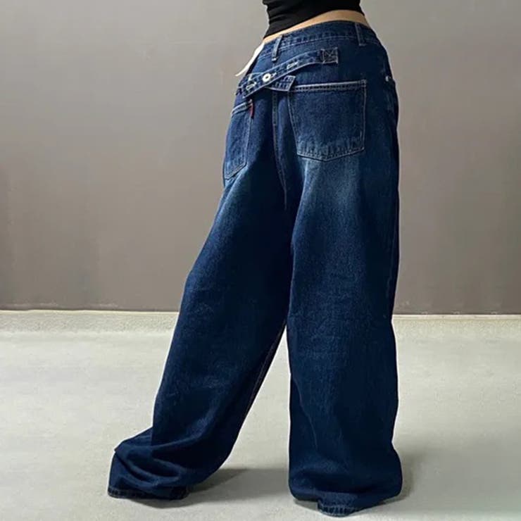 ブルー | 甘辛系ガールズ☆ハイウエスト ボタン ワイド ストレート デニムパンツ | 17kg