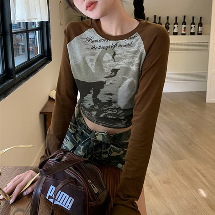 コーヒー | 甘辛系ガールズ☆クルーネック 長袖Tシャツ クロップド丈 | 17kg