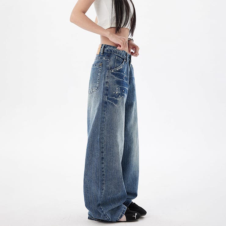 ユニセックス☆スタッズ デニムパンツ ヴィンテージ ウォッシュ | 17kg | 詳細画像2 