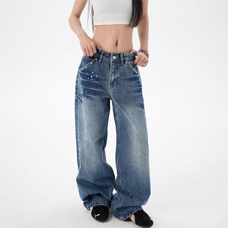 ユニセックス☆スタッズ デニムパンツ ヴィンテージ ウォッシュ | 17kg | 詳細画像3 