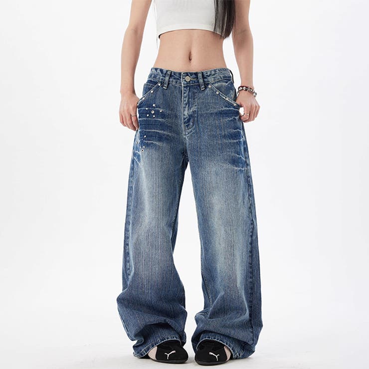 ユニセックス☆スタッズ デニムパンツ ヴィンテージ ウォッシュ | 17kg | 詳細画像4 