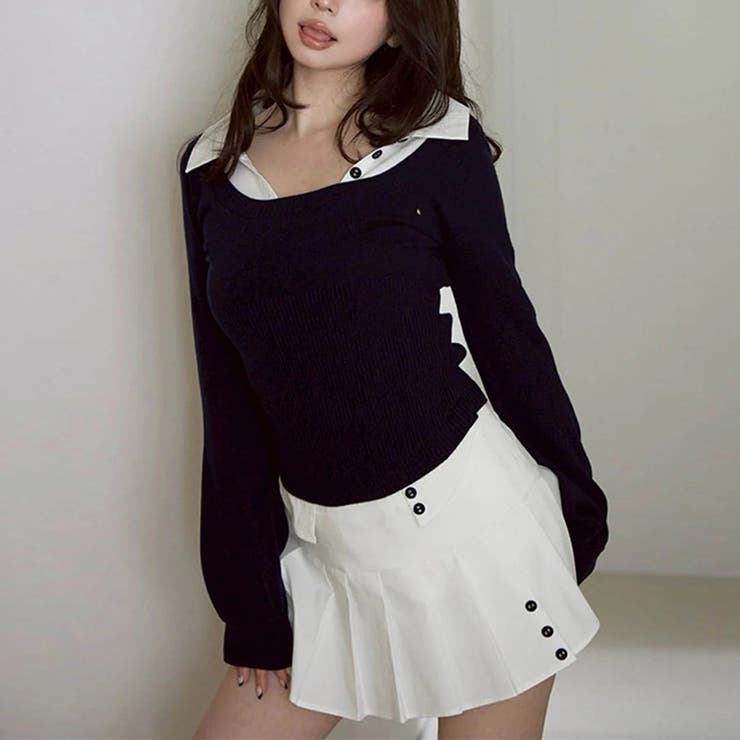 2025秋☆バイカラー襟付き トップス + プリーツスカート 2点セット | 17kg | 詳細画像1 