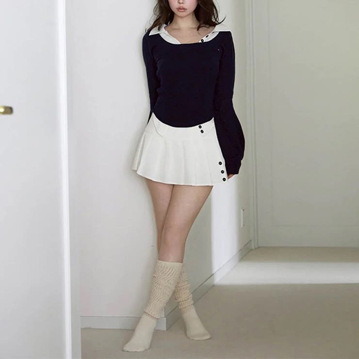 2025秋☆バイカラー襟付き トップス + プリーツスカート 2点セット | 17kg | 詳細画像6 