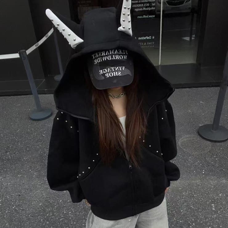 2025秋☆甘辛系ガールズ☆パッチワーク スタッズドーベルマンイヤーフーディー | 17kg | 詳細画像14