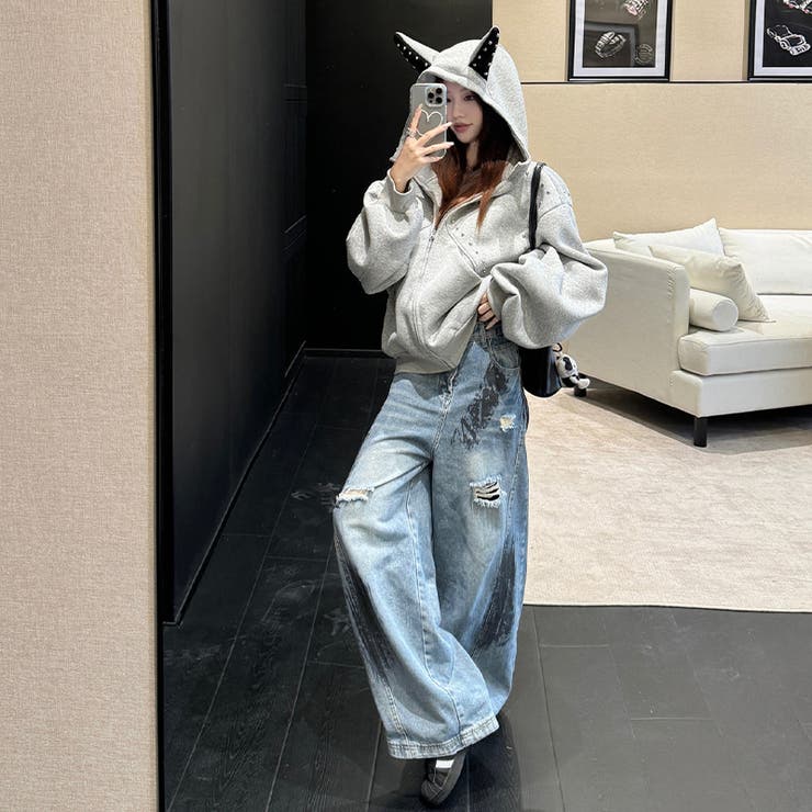 2025秋☆甘辛系ガールズ☆パッチワーク スタッズドーベルマンイヤーフーディー | 17kg | 詳細画像17