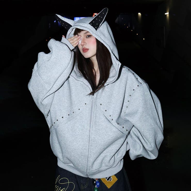 グレー | 2025秋☆甘辛系ガールズ☆パッチワーク スタッズドーベルマンイヤーフーディー | 17kg