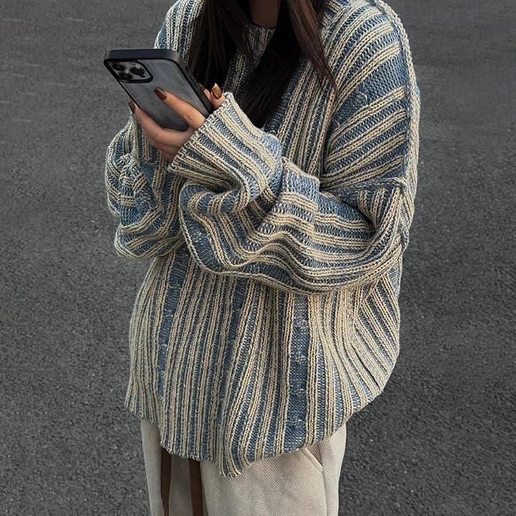 2025秋☆ユニセックス☆ニット セーター ボーダー配色 ゆったり