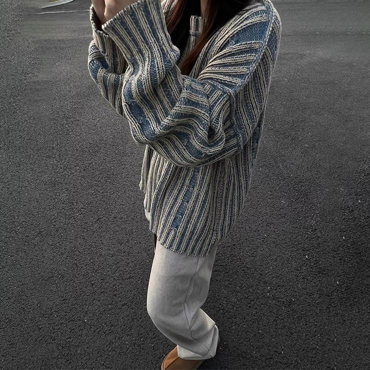 2025秋☆ユニセックス☆ニット セーター ボーダー配色 ゆったりトップス | 17kg | 詳細画像2 