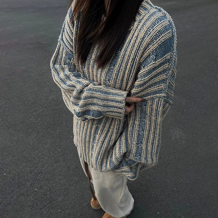 2025秋☆ユニセックス☆ニット セーター ボーダー配色 ゆったりトップス | 17kg | 詳細画像3 