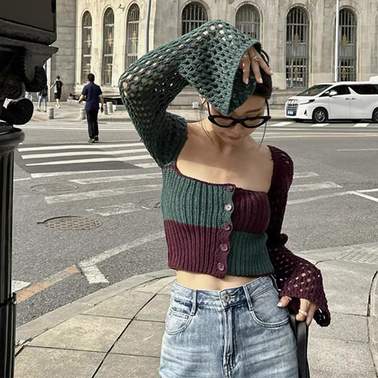 2025秋☆甘辛系ガールズ☆ノースリーブ薄手ニット メッシュ風カーディガン | 17kg | 詳細画像1 