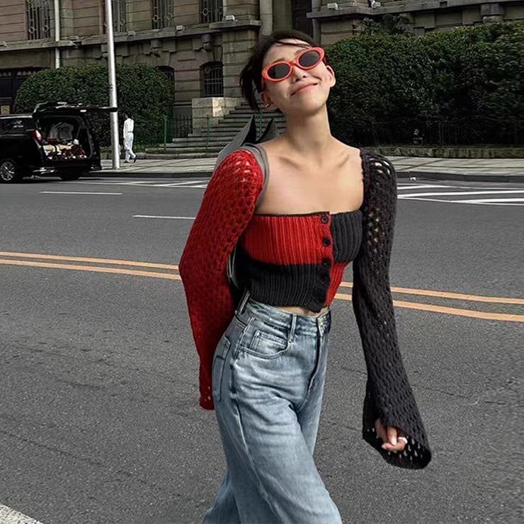 2025秋☆甘辛系ガールズ☆ノースリーブ薄手ニット メッシュ風カーディガン | 17kg | 詳細画像4 