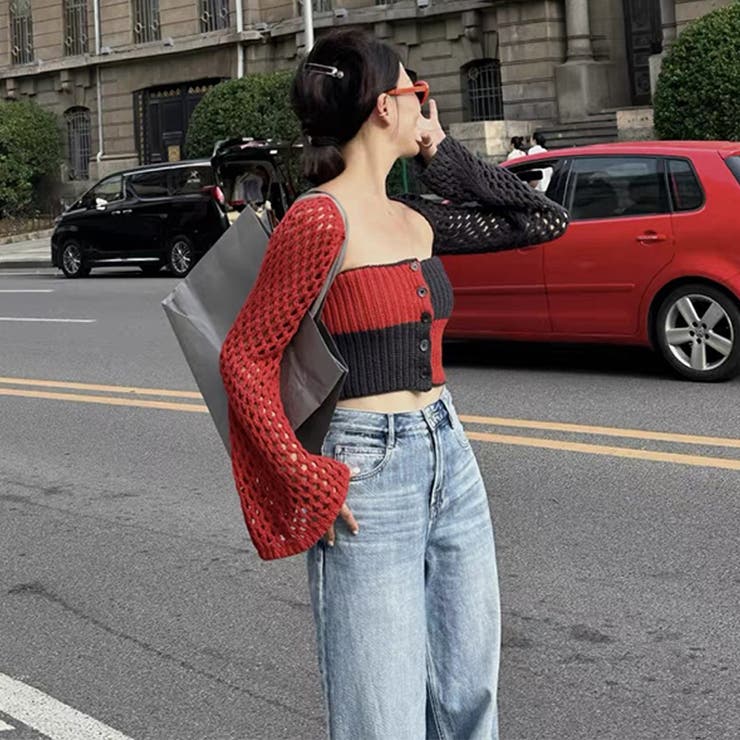 2025秋☆甘辛系ガールズ☆ノースリーブ薄手ニット メッシュ風カーディガン | 17kg | 詳細画像3 