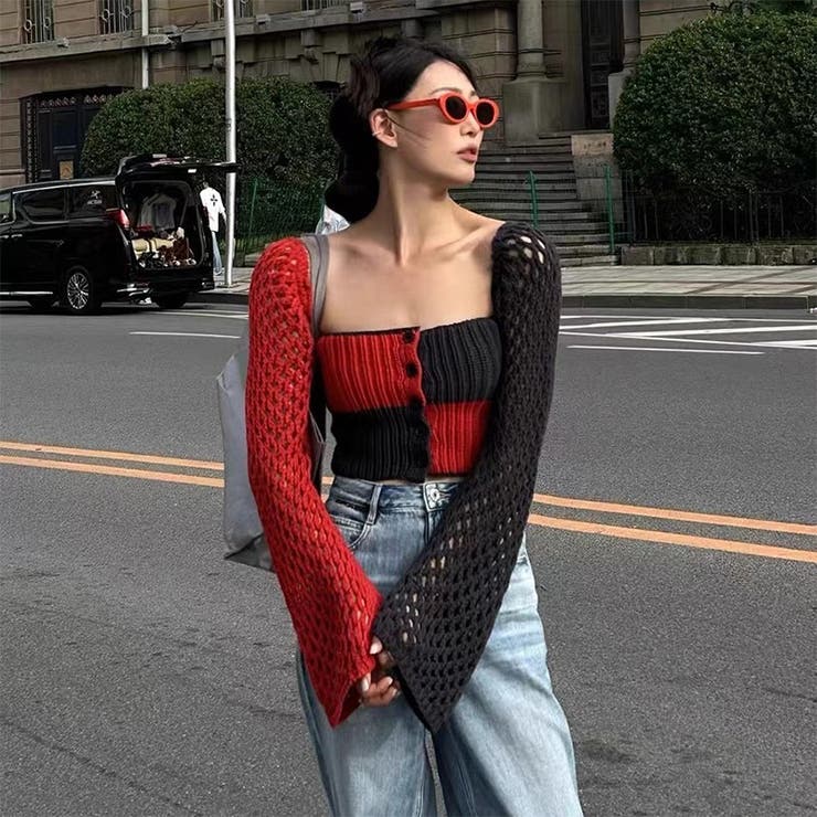 レッド | 2025秋☆甘辛系ガールズ☆ノースリーブ薄手ニット メッシュ風カーディガン | 17kg