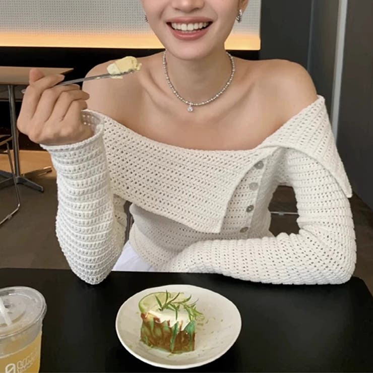 2025秋☆甘辛系ガールズ☆ニットトップス アシンメトリー 肩開きデザイン | 17kg | 詳細画像1 