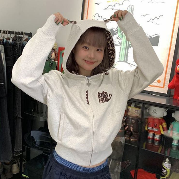2025秋☆甘辛系ガールズ☆パーカー ヒョウ柄デビル風 フード付き