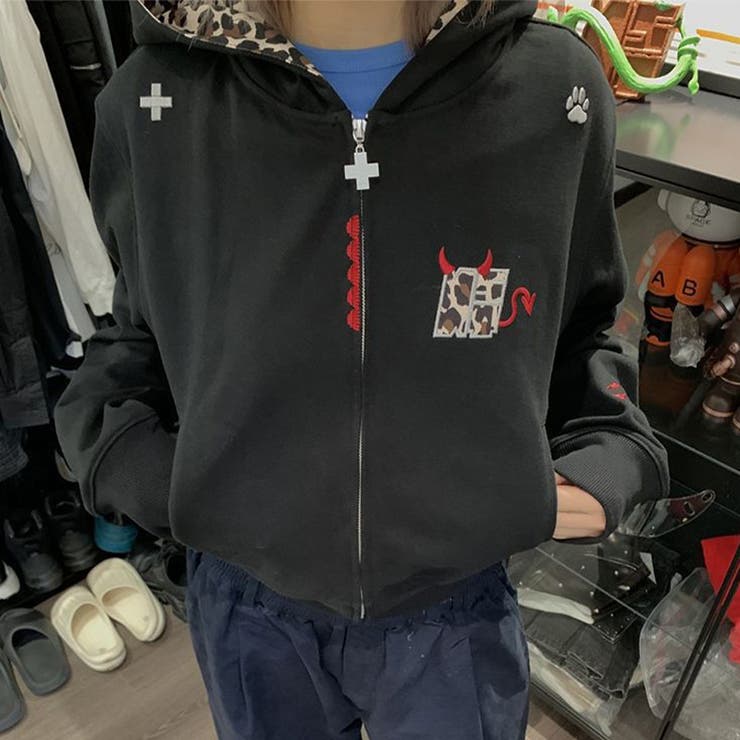 2025秋☆甘辛系ガールズ☆パーカー ヒョウ柄デビル風 フード付き