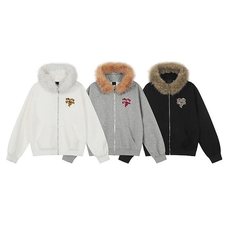 2025秋☆ユニセックス☆パーカー 刺繍入りボア襟 ジップアップ