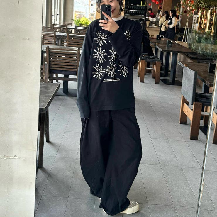 alo 25年秋新作 ブラック 長袖Tシャツ キャップ セットFREE SIZE 2025秋 甘辛系ガールズ 長袖Tシャツ[品番：SNJW0002529]｜17kg