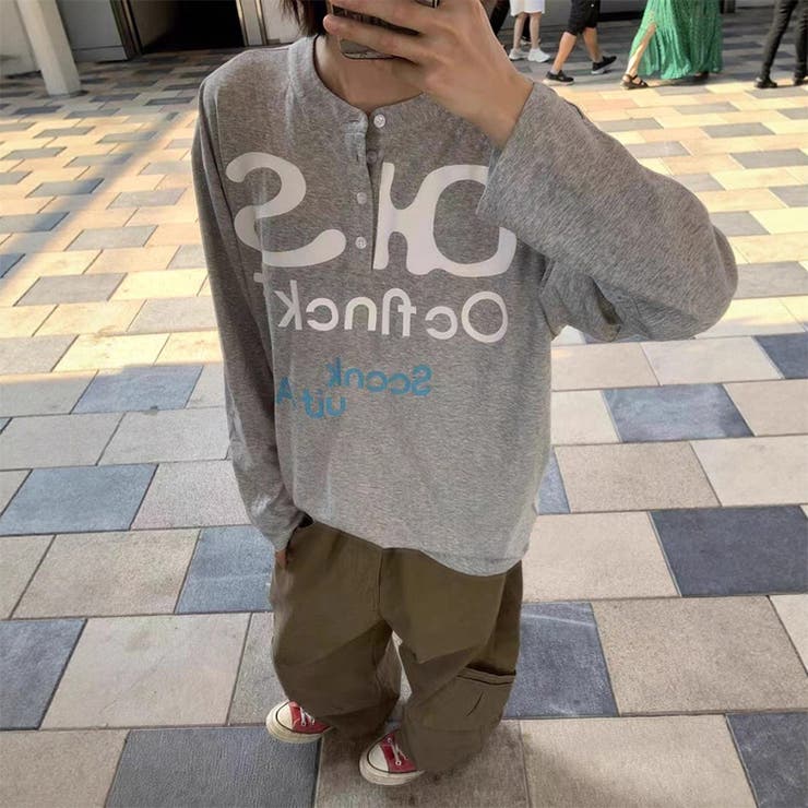 2025秋☆ユニセックス☆長袖Tシャツ ヘンリーネック グレーカラートップス | 17kg | 詳細画像1 