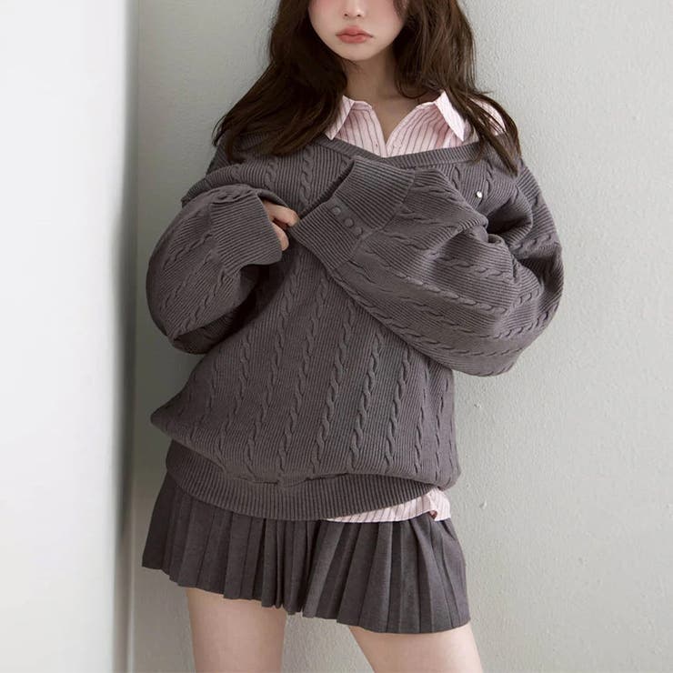 甘辛系ガールズ☆Vネックセーター重ね着ストライプシャツプリーツスカート | 17kg | 詳細画像1 