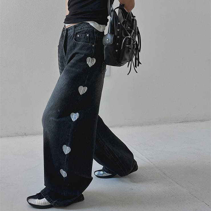 甘辛系ガールズ☆サイドハート切替ブラックワイドカーブデニムパンツ