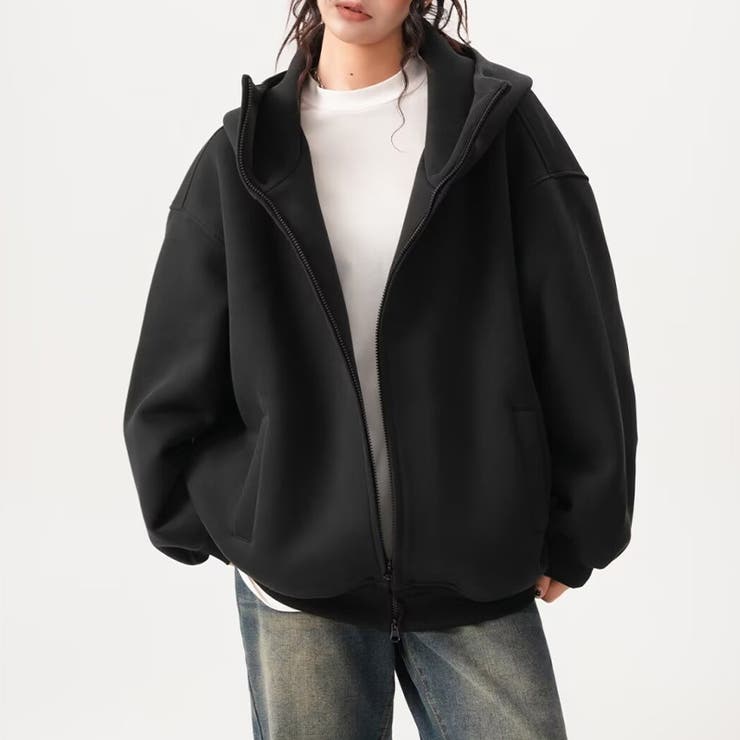 ブラック | ユニセックス☆オーバーサイズエアレイヤーカーディガンパーカー | 17kg