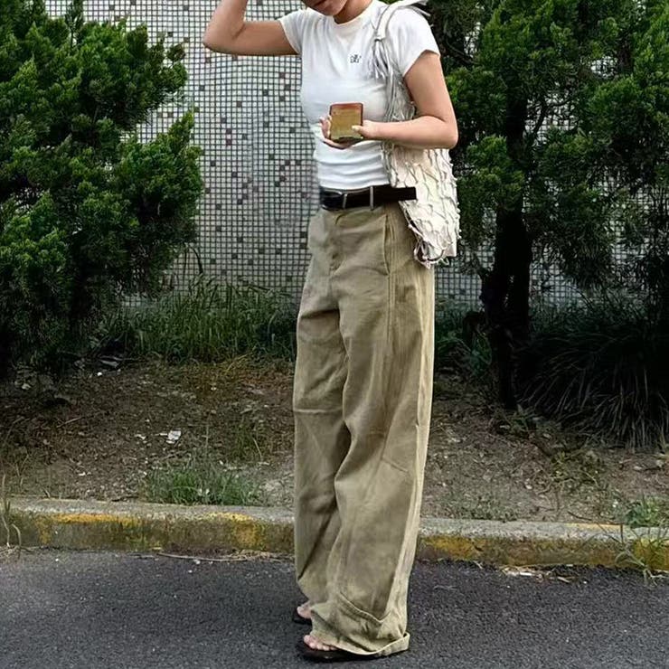 2025秋☆ゆるカワコーデ☆カーキカーブデニムパンツ[品番