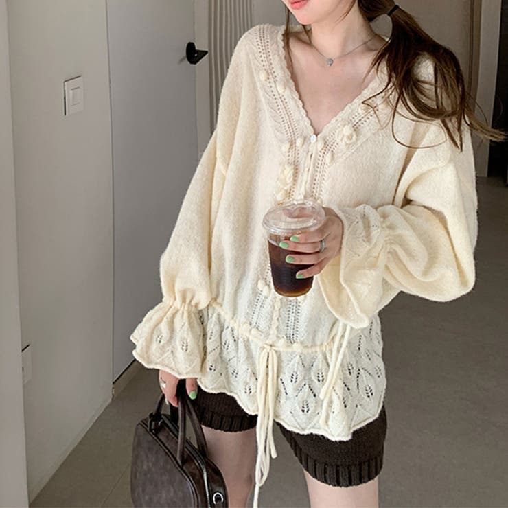 ホワイト | 甘辛系ガールズ☆Vネックレースリボンニットカーディガン | 17kg