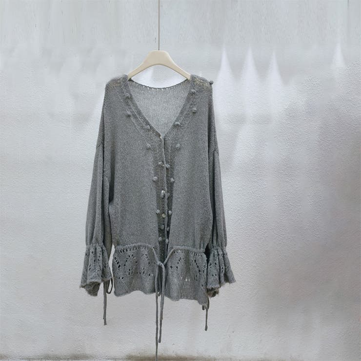 グレー | 甘辛系ガールズ☆Vネックレースリボンニットカーディガン | 17kg