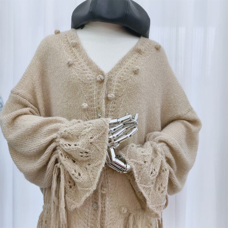 ベージュ | 甘辛系ガールズ☆Vネックレースリボンニットカーディガン | 17kg