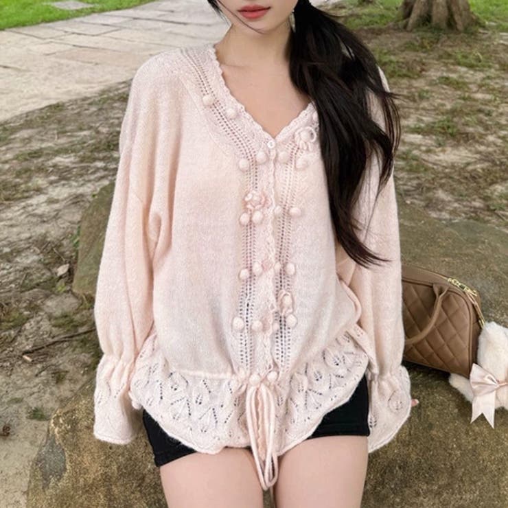 ピンク | 甘辛系ガールズ☆Vネックレースリボンニットカーディガン | 17kg