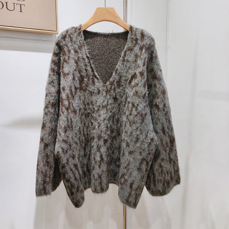 グレー | 甘辛系ガールズ☆Vネックレオパード柄ニットカーディガン | 17kg