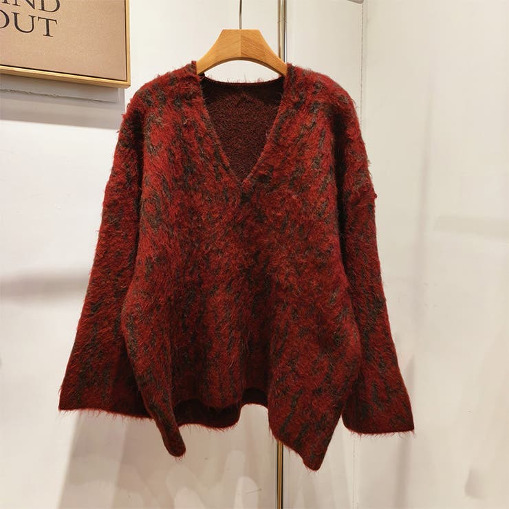 ダークレッド | 甘辛系ガールズ☆Vネックレオパード柄ニットカーディガン | 17kg
