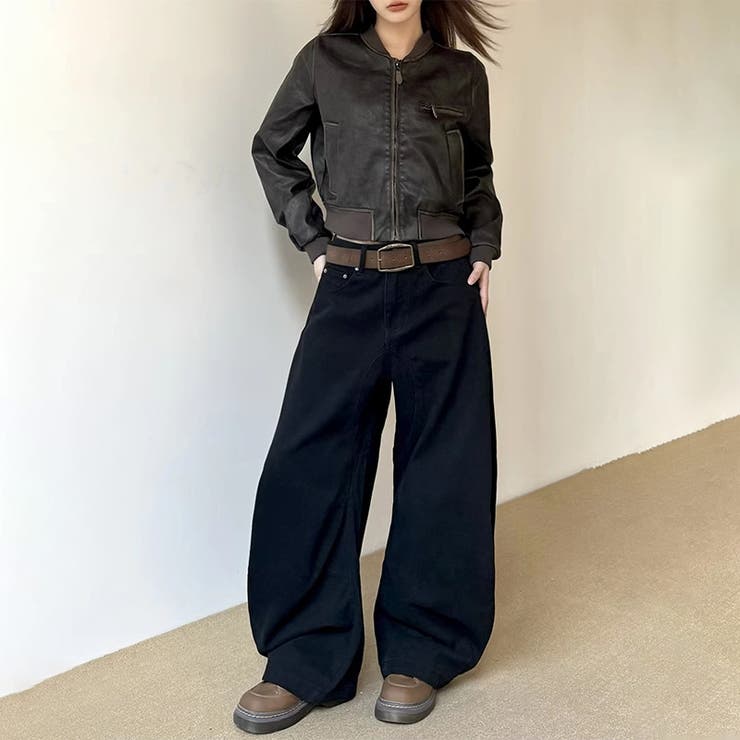 ブラック | ユニセックス☆ワイドシルエットブーツカットデニムパンツ | 17kg