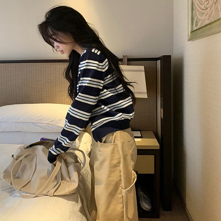 甘辛系ガールズ☆クルーネック配色ボーダー長袖ウール混ニットカーディガン | 17kg | 詳細画像5 