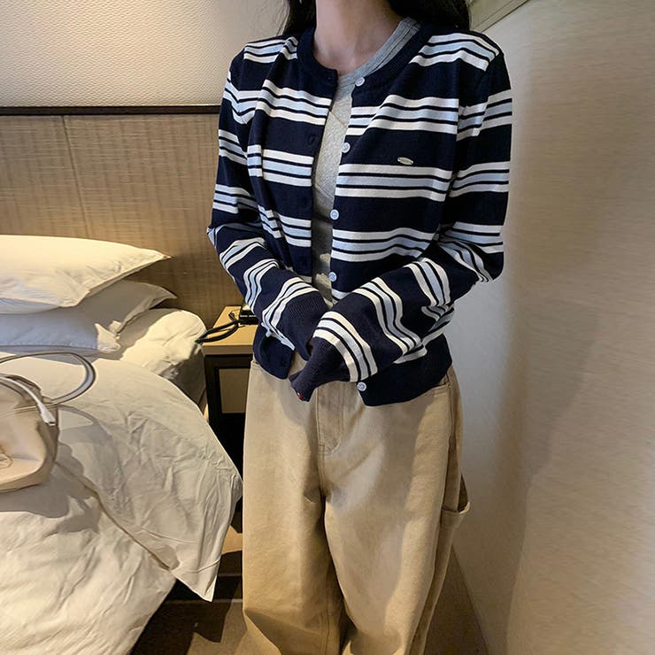 ネイビー | 甘辛系ガールズ☆クルーネック配色ボーダー長袖ウール混ニットカーディガン | 17kg