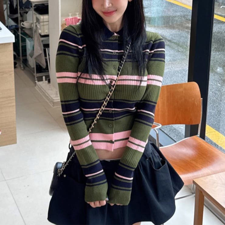 甘辛系ガールズ☆魅力的で大人可愛い配色ストライプ襟付きショートニットジャケット | 17kg | 詳細画像1 