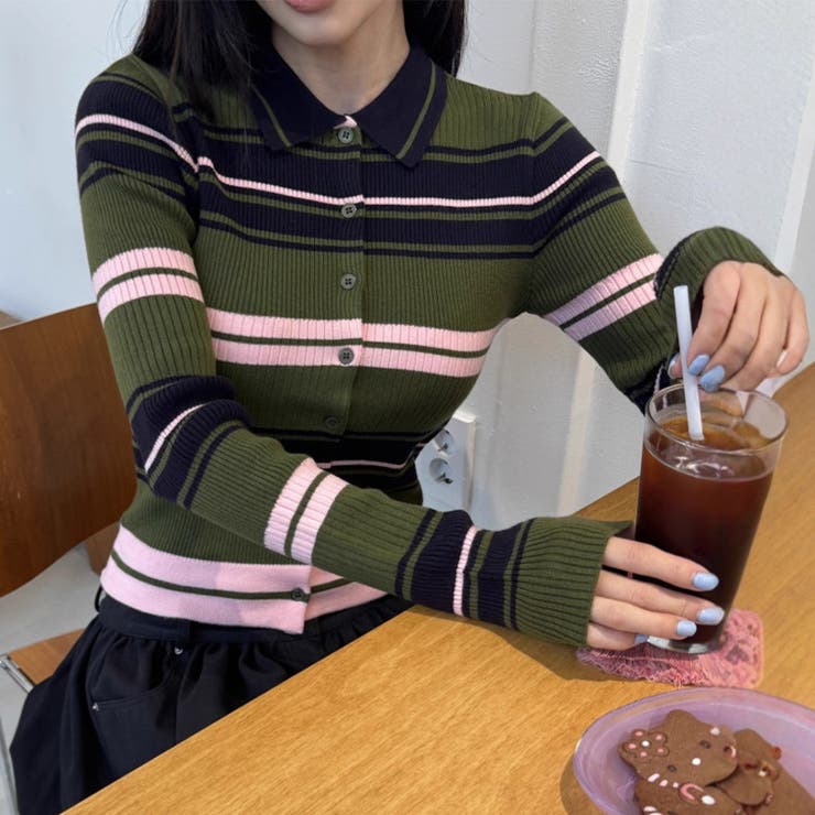 甘辛系ガールズ☆魅力的で大人可愛い配色ストライプ襟付きショートニットジャケット | 17kg | 詳細画像5 
