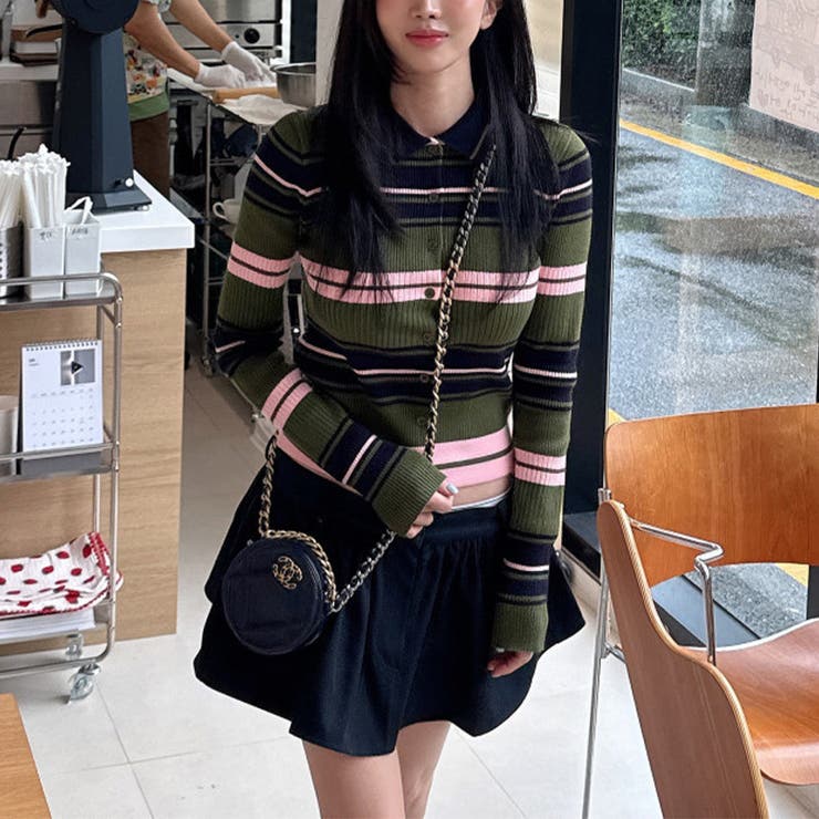 甘辛系ガールズ☆魅力的で大人可愛い配色ストライプ襟付きショートニットジャケット | 17kg | 詳細画像9 