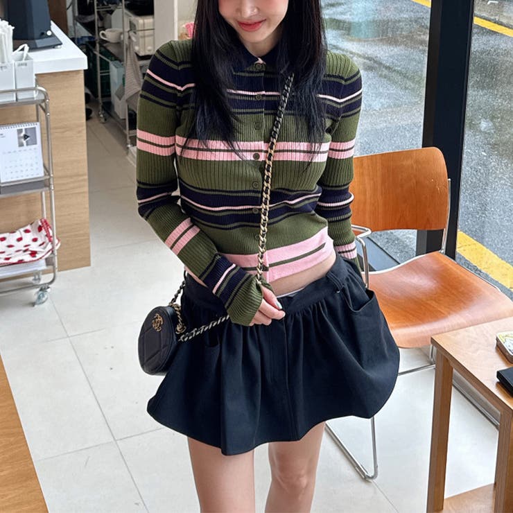 甘辛系ガールズ☆魅力的で大人可愛い配色ストライプ襟付きショートニットジャケット | 17kg | 詳細画像12 