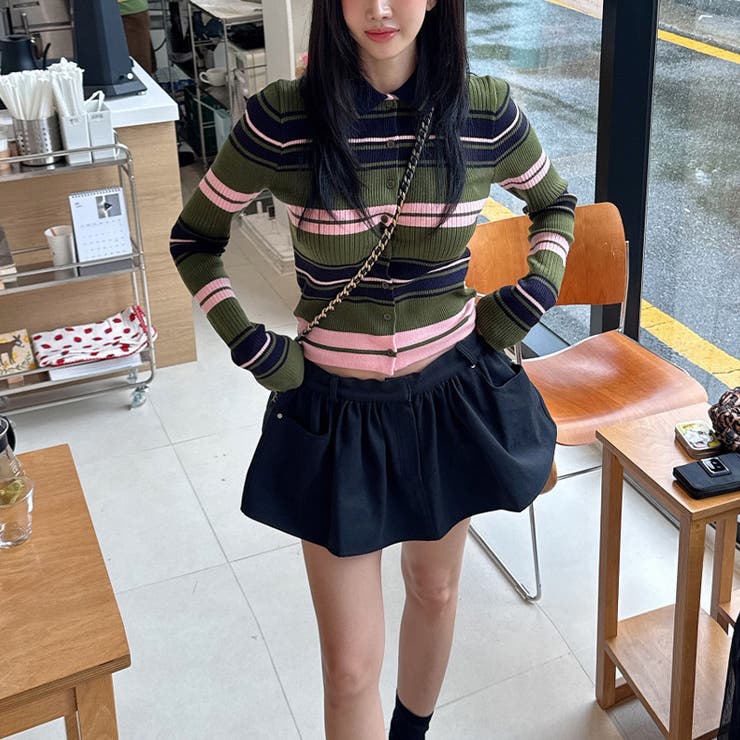甘辛系ガールズ☆魅力的で大人可愛い配色ストライプ襟付きショートニットジャケット | 17kg | 詳細画像14 