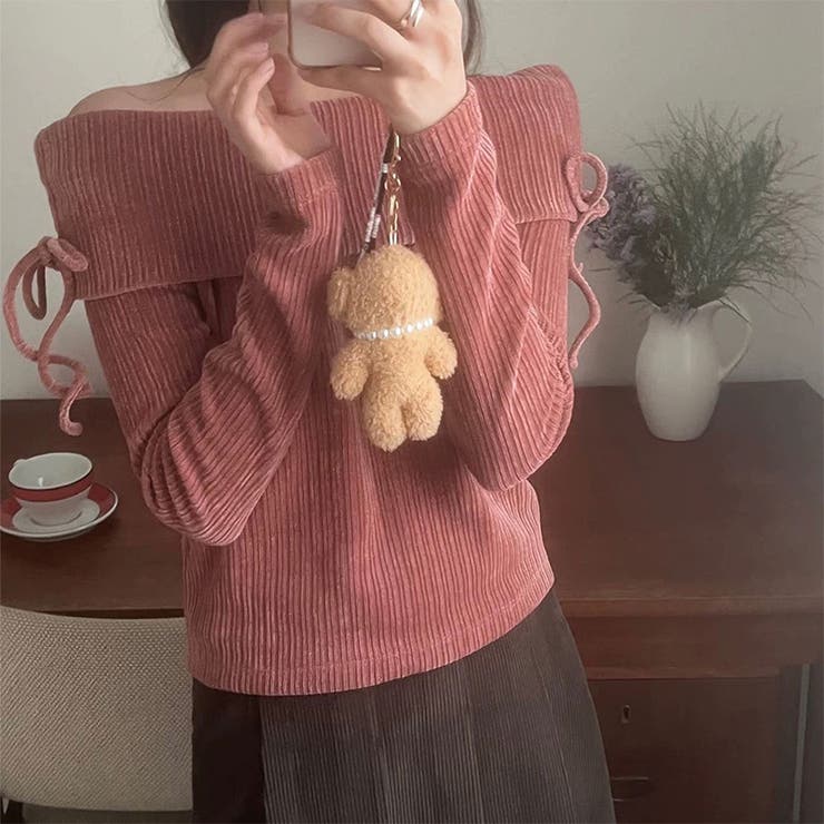 甘辛系ガールズ☆厚手リブコーデュロイ調 オフショルダーリボン付きトップス | 17kg | 詳細画像1 