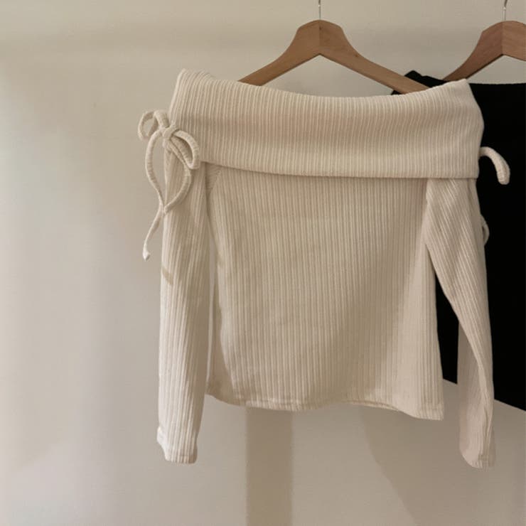 ベージュ | 甘辛系ガールズ☆厚手リブコーデュロイ調 オフショルダーリボン付きトップス | 17kg