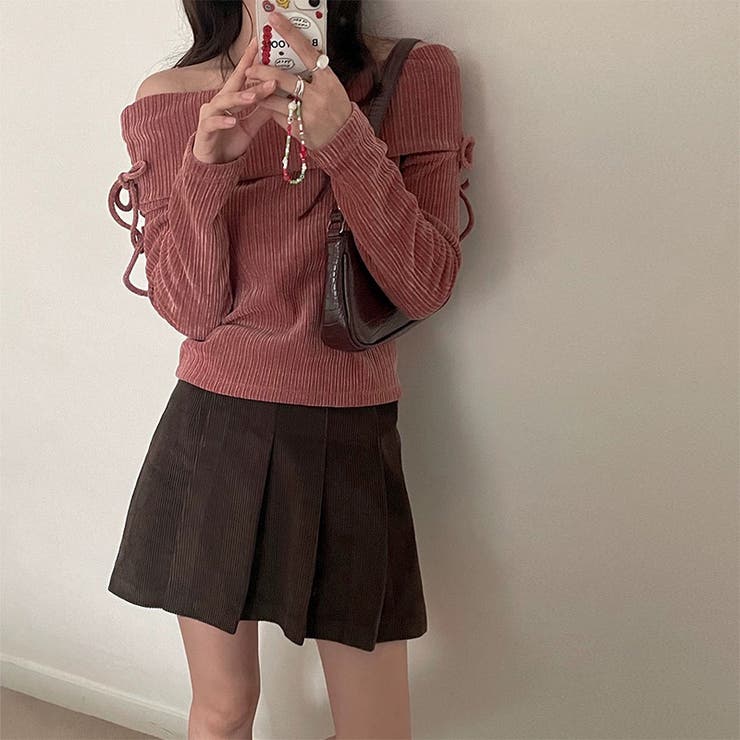 甘辛系ガールズ☆厚手リブコーデュロイ調 オフショルダーリボン付きトップス | 17kg | 詳細画像3 