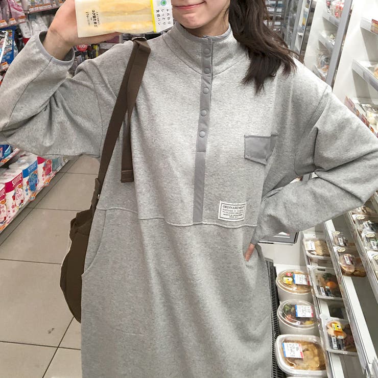 グレー | ゆるカワコーデ☆配色スタンドネックスウェットワンピース | 17kg