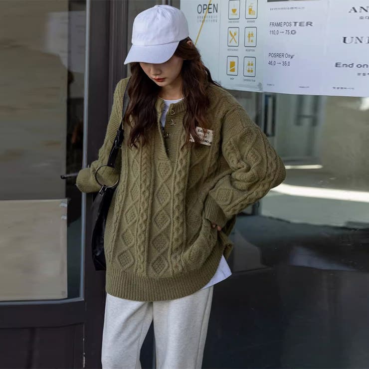 ゆるカワコーデ☆ミディ丈 レトロ編みVネックセーター | 17kg | 詳細画像10 