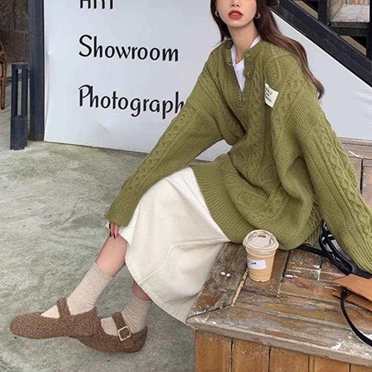 ゆるカワコーデ☆ミディ丈 レトロ編みVネックセーター | 17kg | 詳細画像17 