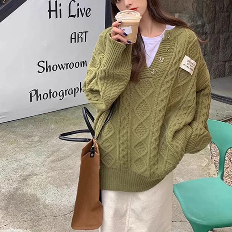 ゆるカワコーデ☆ミディ丈 レトロ編みVネックセーター | 17kg | 詳細画像18 