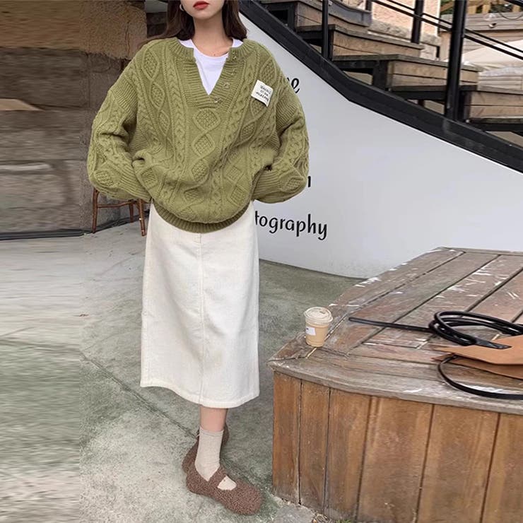 ゆるカワコーデ☆ミディ丈 レトロ編みVネックセーター | 17kg | 詳細画像19 