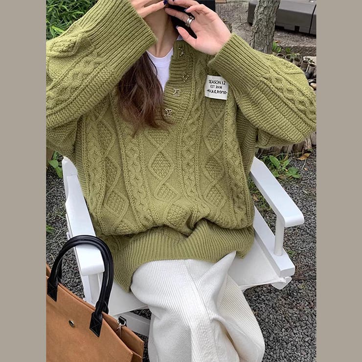 ゆるカワコーデ☆ミディ丈 レトロ編みVネックセーター | 17kg | 詳細画像3 